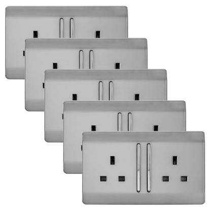 Trendi 2 Gang Artistic Modern Glossy 13 Amp Long Switched Plug Socket Stainless Steel (5 Pack)