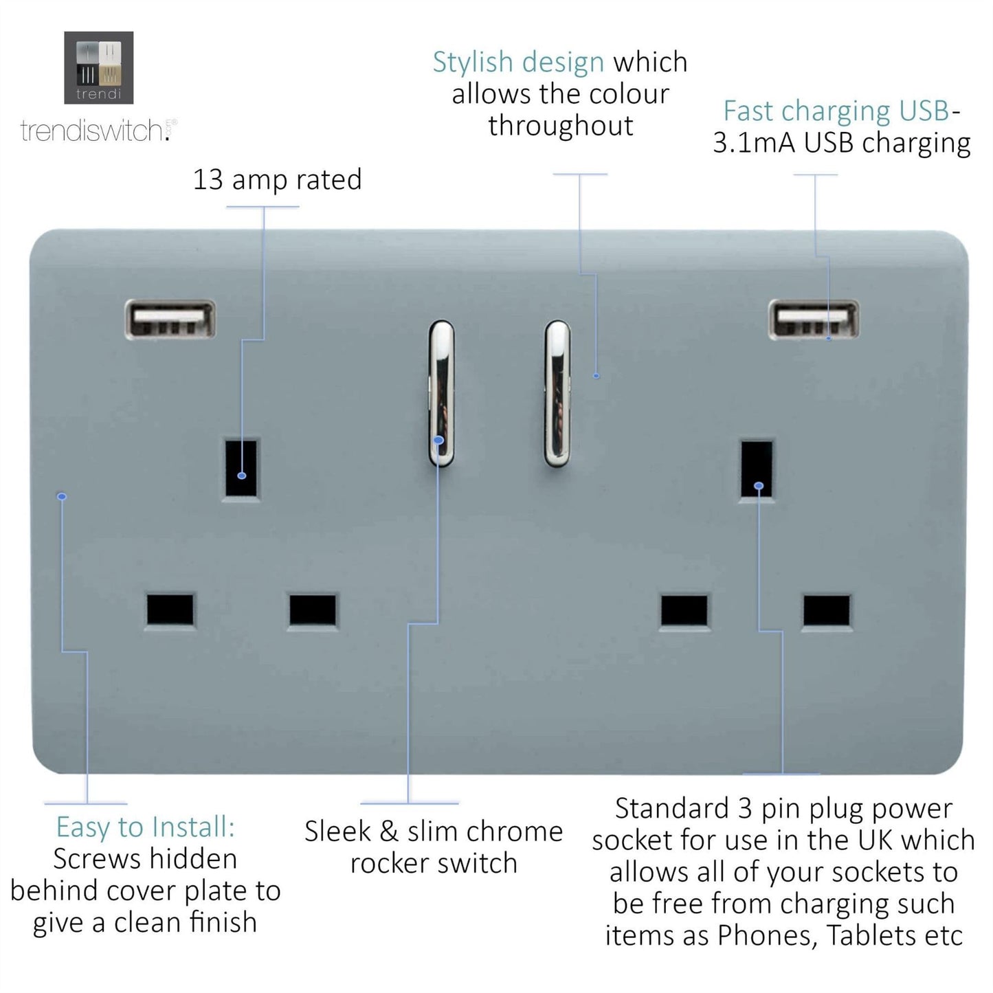 Trendi 2 Gang Artistic Modern Glossy 13 Amp 2 x 3.1mA USB Switched Plug Socket Cool Grey