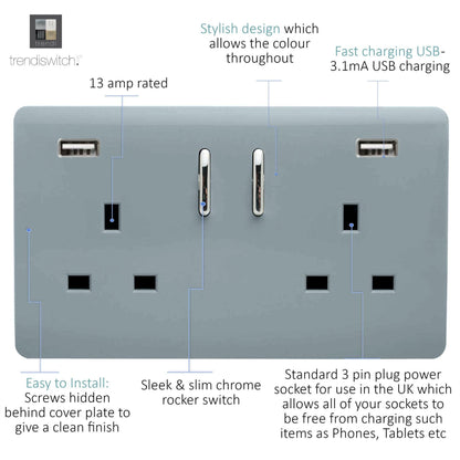 Trendi 2 Gang Artistic Modern Glossy 13 Amp 2 x 3.1mA USB Switched Plug Socket Cool Grey