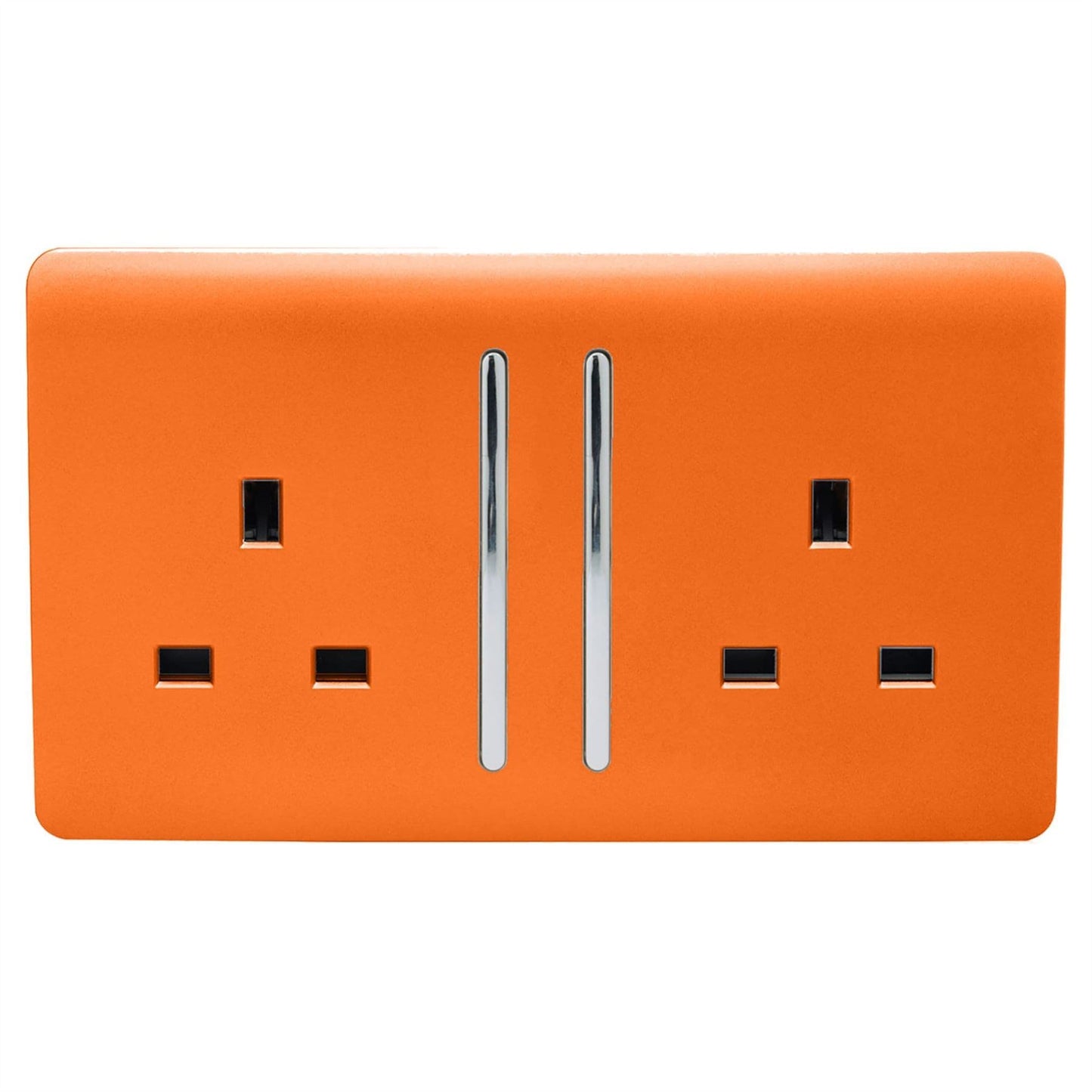 Trendi 2 Gang Raised Artistic Modern Glossy Screwless 13 Amp Single Pole with Chrome Switched UK Standard Electrical Double Wall Plug Socket in Sunset Orange - ART-SKT213LOR