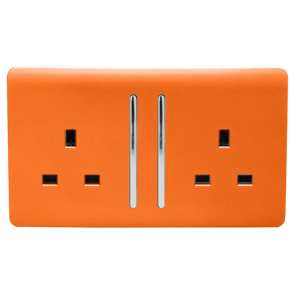 Trendi 2 Gang Raised Artistic Modern Glossy Screwless 13 Amp Single Pole with Chrome Switched UK Standard Electrical Double Wall Plug Socket in Sunset Orange - ART-SKT213LOR