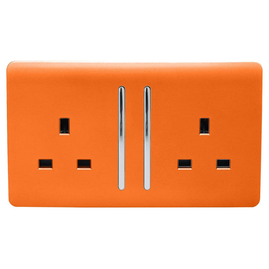 Trendi 2 Gang Raised Artistic Modern Glossy Screwless 13 Amp Single Pole with Chrome Switched UK Standard Electrical Double Wall Plug Socket in Sunset Orange - ART-SKT213LOR