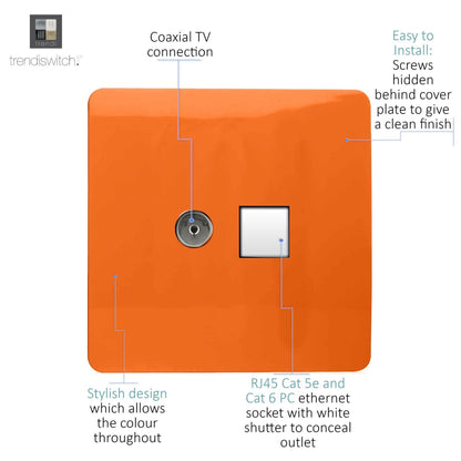 Trendi Modern Glossy Tactile TV Co-axial Socket+RJ45 Cat 5e&Cat 6 PC Ethernet Socket Orange