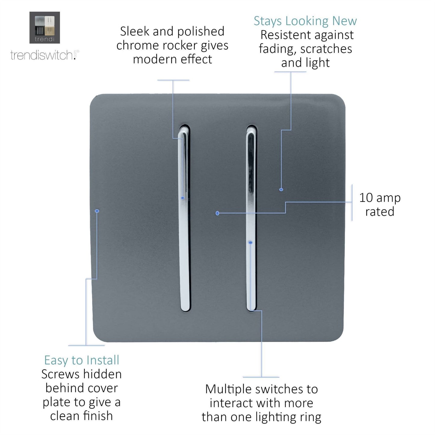 Trendi 2 Gang 3 Way Intermediate Artistic Modern Glossy 10 Amp Rocker Light Switch Warm Grey