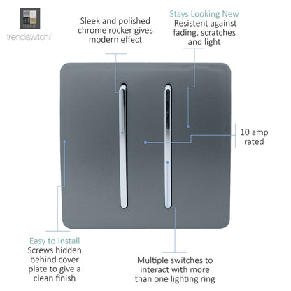Trendi 2 Gang 3 Way Intermediate Artistic Modern Glossy 10 Amp Rocker Light Switch Warm Grey