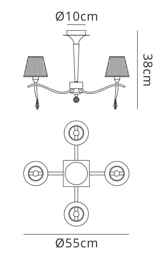 Mantra Siena 55cm Semi Flush Round 4 Light E14, Antique Brass with Amber Cream Shades and Amber Crystal