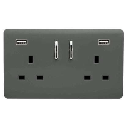 Trendi 2 Gang Artistic Modern Glossy 13 Amp 2 x 3.1mA USB Switched Plug Socket Charcoal