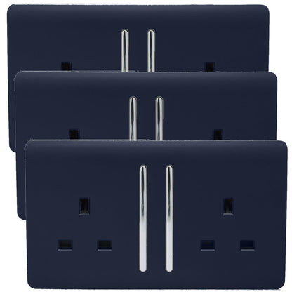 Trendi 2 Gang Artistic Modern Glossy 13 Amp Switched Tactile Plug Socket Navy (3 Pack)