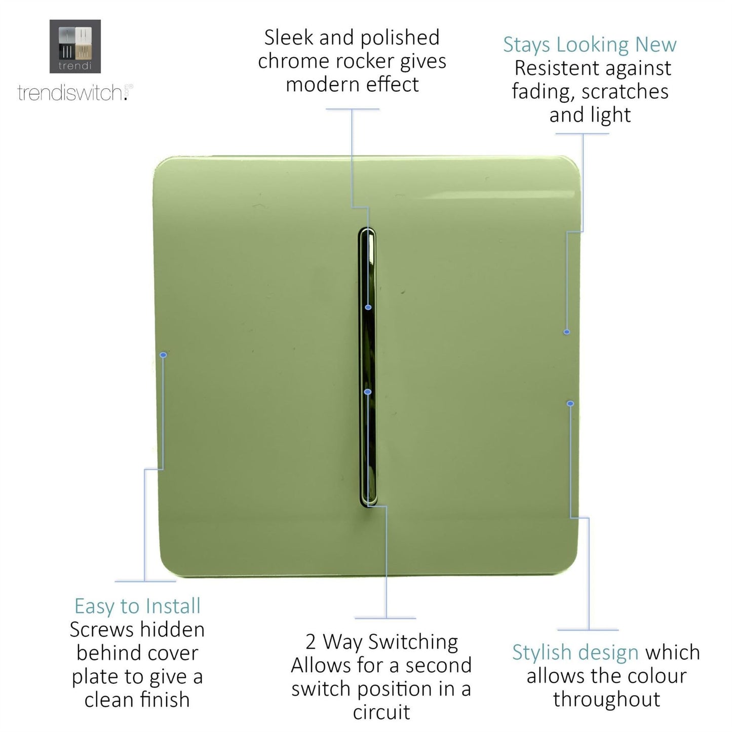 Trendi 1 Gang 2 Way 10 Amp Rocker Chrome Light Switch Glossy Moss Green