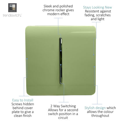 Trendi 1 Gang 2 Way 10 Amp Rocker Chrome Light Switch Glossy Moss Green