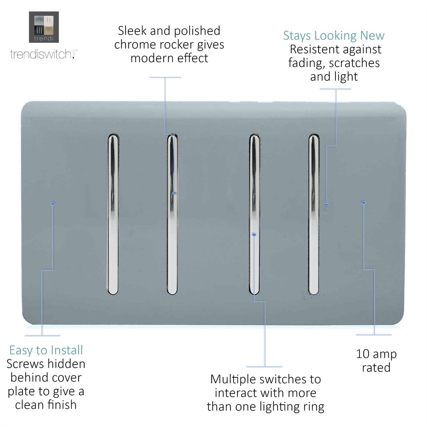 Trendi 4 Gang (2 Way & 1x Intermediate) Glossy 10 Amp Rocker Light Switch Cool Grey