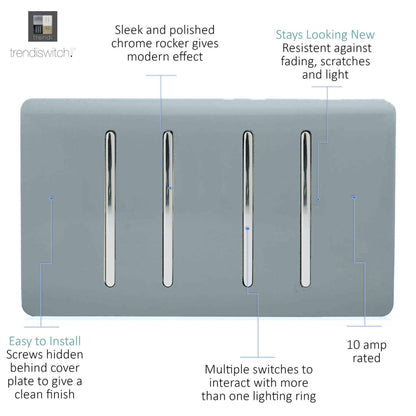 Trendi 4 Gang (2 Way & 1x Intermediate) Glossy 10 Amp Rocker Light Switch Cool Grey