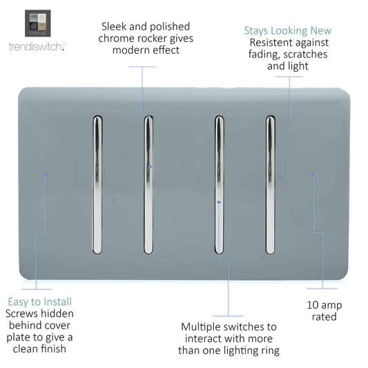 Trendi 4 Gang (2 Way & 1x Intermediate) Glossy 10 Amp Rocker Light Switch Cool Grey