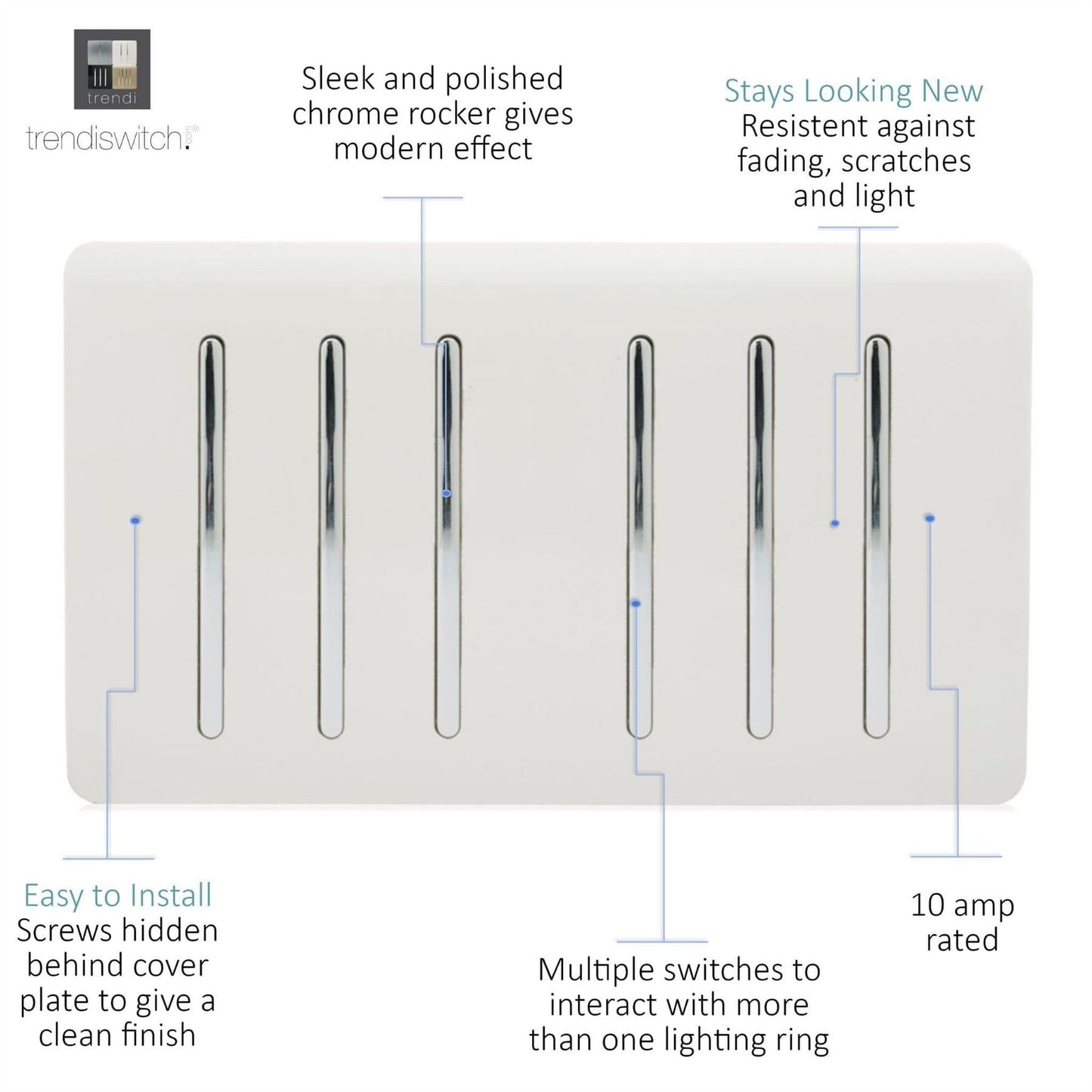 Trendi  6 Gang 2 Way Rocker Double Plate Light Switch in White - ART-SS66WH