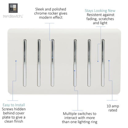 Trendi  6 Gang 2 Way Rocker Double Plate Light Switch in White - ART-SS66WH