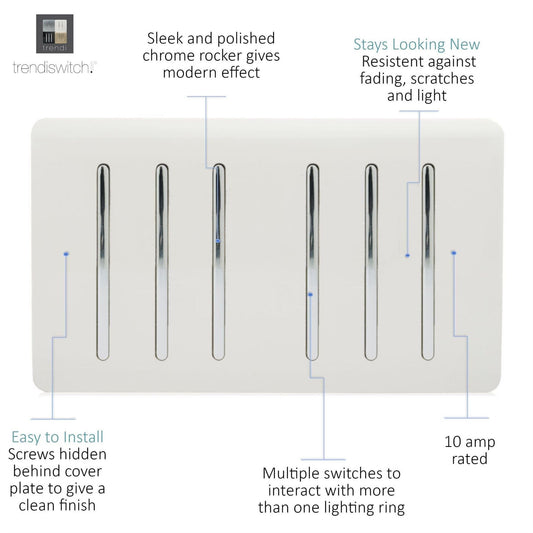 Trendi  6 Gang 2 Way Rocker Double Plate Light Switch in White - ART-SS66WH