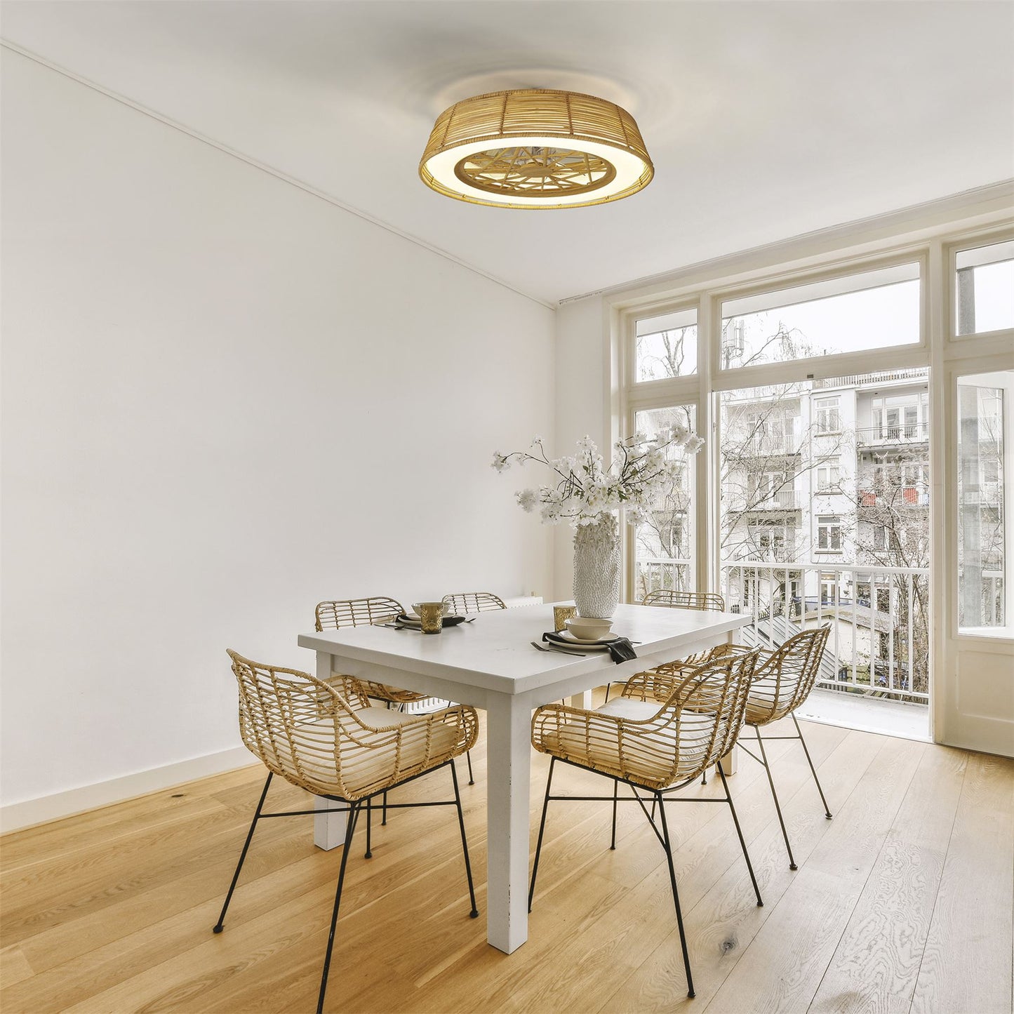 Indonesia 63cm 70W LED Dimmable Ceiling Light With Built-In 35W DC Reversible Fan, Beige Rattan, 4200lm, 5yrs Warranty