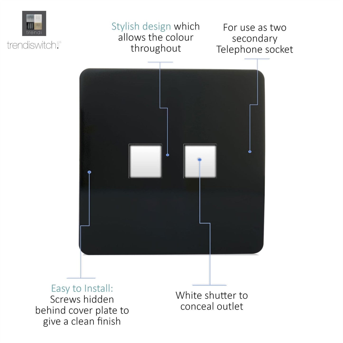 Trendi Artistic Modern Glossy Tactile 2 Gang Telephone Socket Black ART-2TLPBL