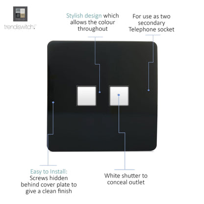 Trendi Artistic Modern Glossy Tactile 2 Gang Telephone Socket Black ART-2TLPBL