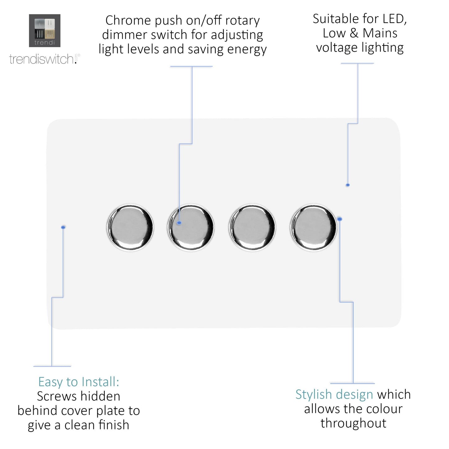 Trendi 4 Gang 2 Way 240V 100w LED Dimmer Screwless Raised Front Plate Plastic Artistic Modern Glossy 10 Amp Chrome Single Electrical Wall Light Switch in Ice White - ART-4LDMWH