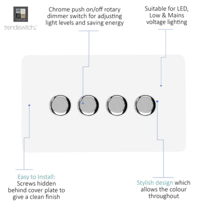 Trendi 4 Gang 2 Way 240V 100w LED Dimmer Screwless Raised Front Plate Plastic Artistic Modern Glossy 10 Amp Chrome Single Electrical Wall Light Switch in Ice White - ART-4LDMWH