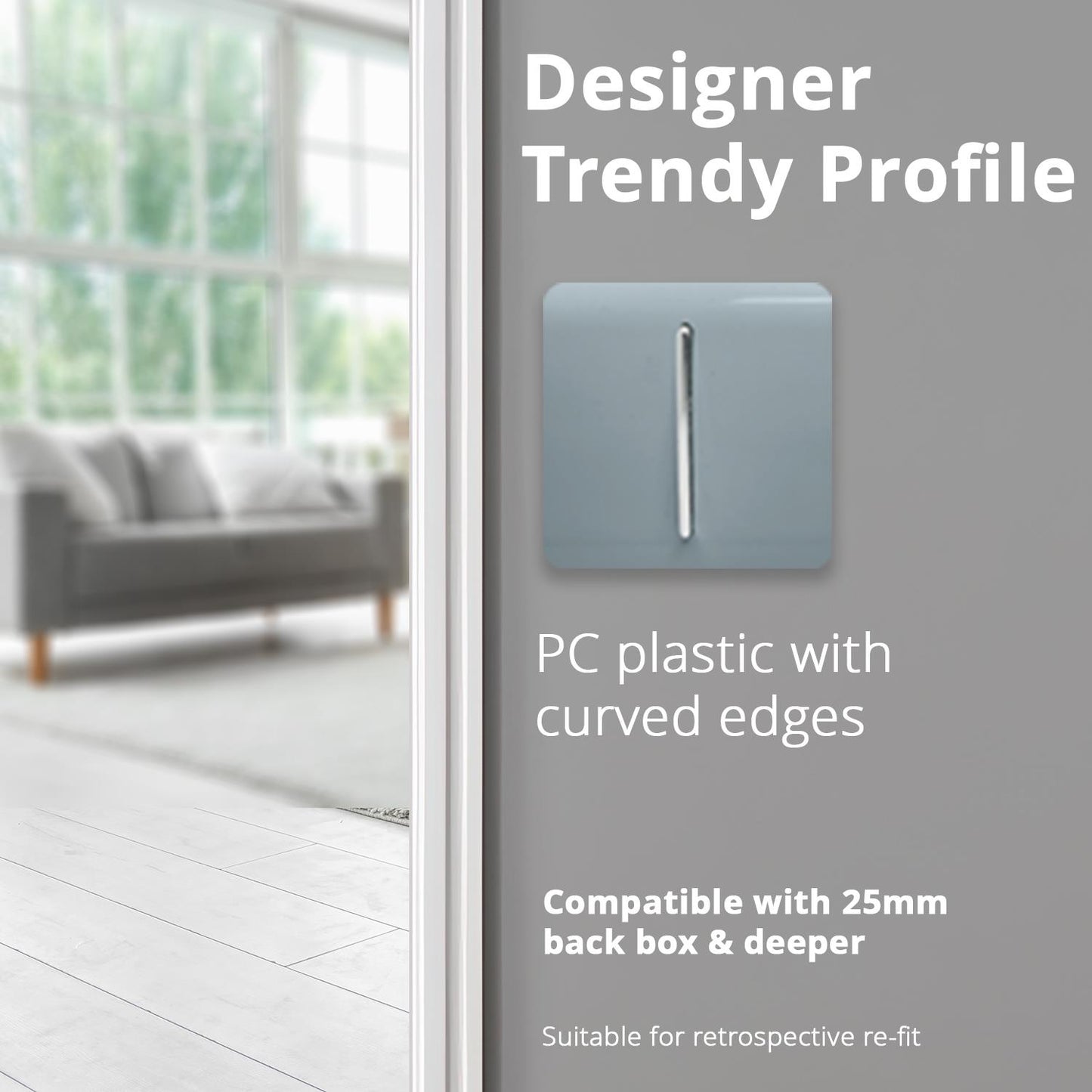 Trendi 1 Gang 2 Way 240V Screwless Artistic Modern Glossy 10 Amp Chrome Rocker Electrical Wall Light Switch in Cool Grey (2 pack)