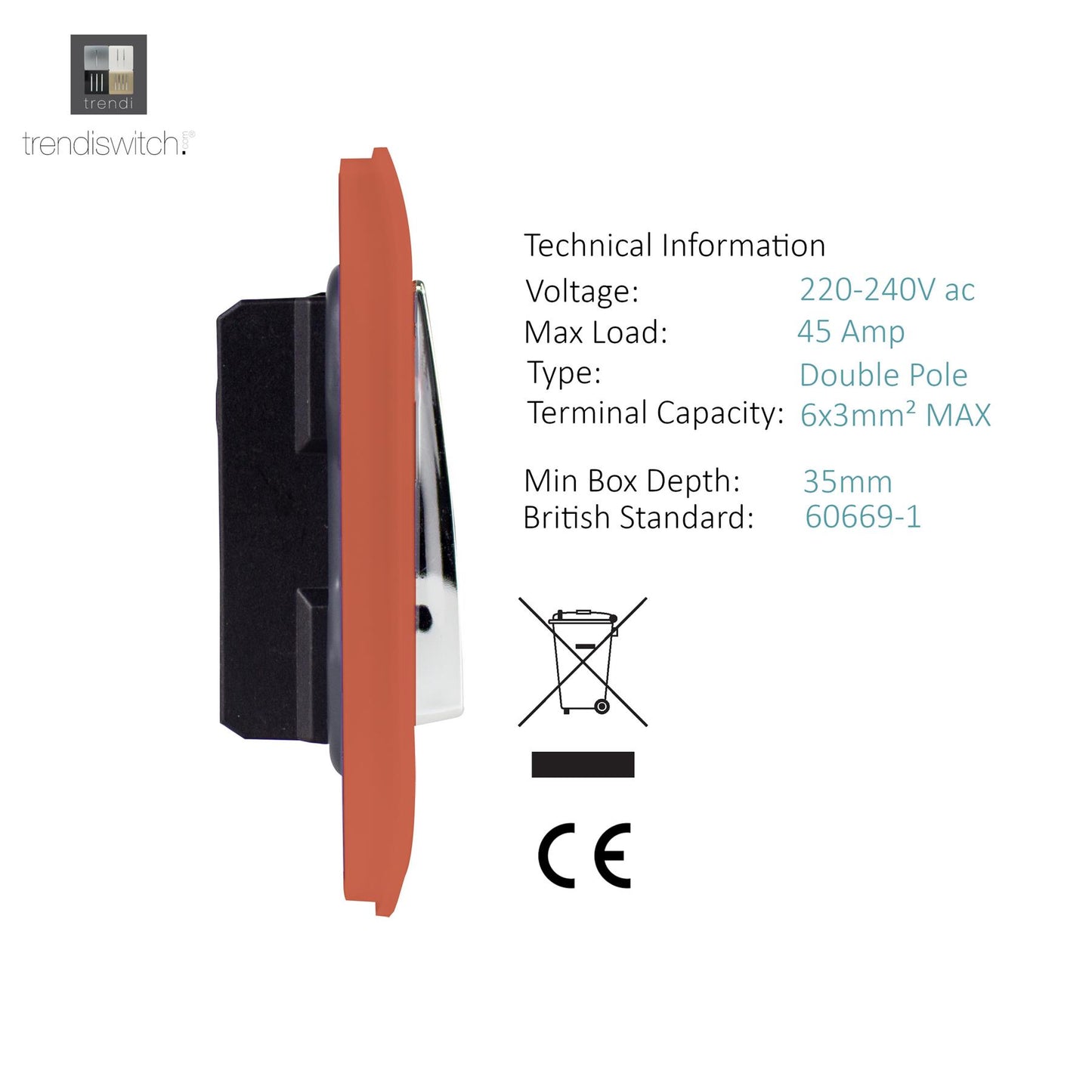 Trendi Artistic Modern Glossy 45 A Tactile Light Switch & Neon Insert Copper