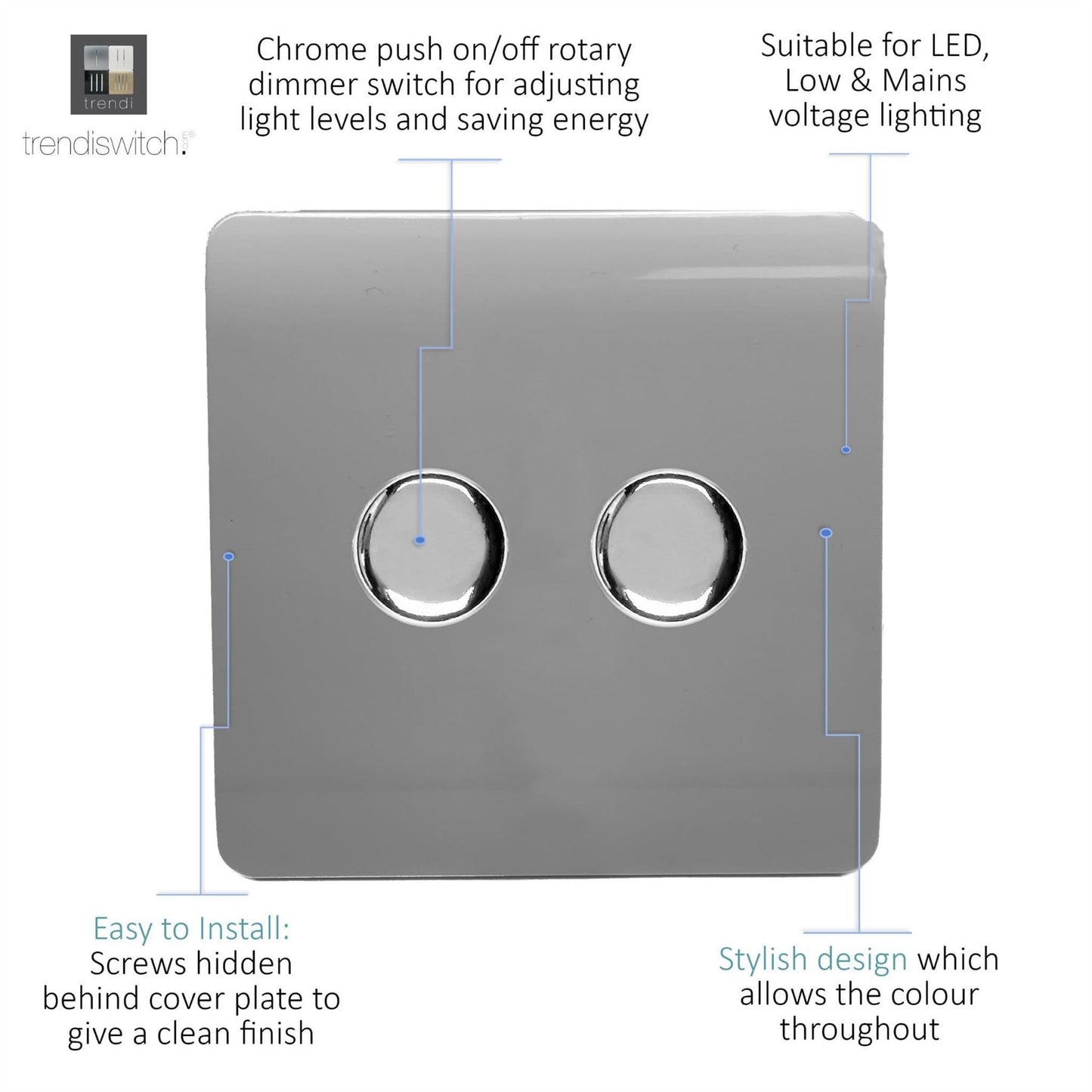Trendi 2 Gang 2 Way 240V 100w LED Dimmer Screwless Raised Front Plate Plastic Artistic Modern Glossy 10 Amp Chrome Single Electrical Wall Light Switch in Warm Grey - ART-2LDMWG