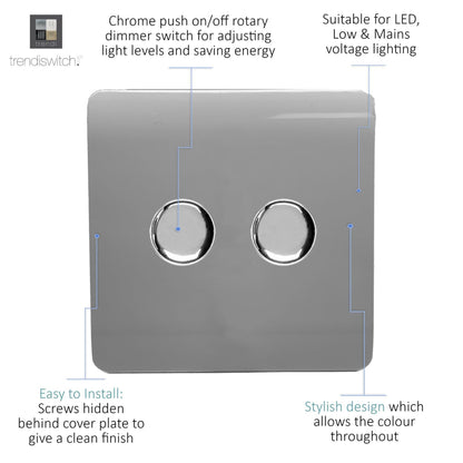 Trendi 2 Gang 2 Way 240V 100w LED Dimmer Screwless Raised Front Plate Plastic Artistic Modern Glossy 10 Amp Chrome Single Electrical Wall Light Switch in Warm Grey - ART-2LDMWG