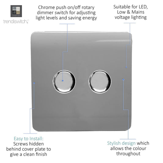 Trendi 2 Gang 2 Way 240V 100w LED Dimmer Screwless Raised Front Plate Plastic Artistic Modern Glossy 10 Amp Chrome Single Electrical Wall Light Switch in Warm Grey - ART-2LDMWG
