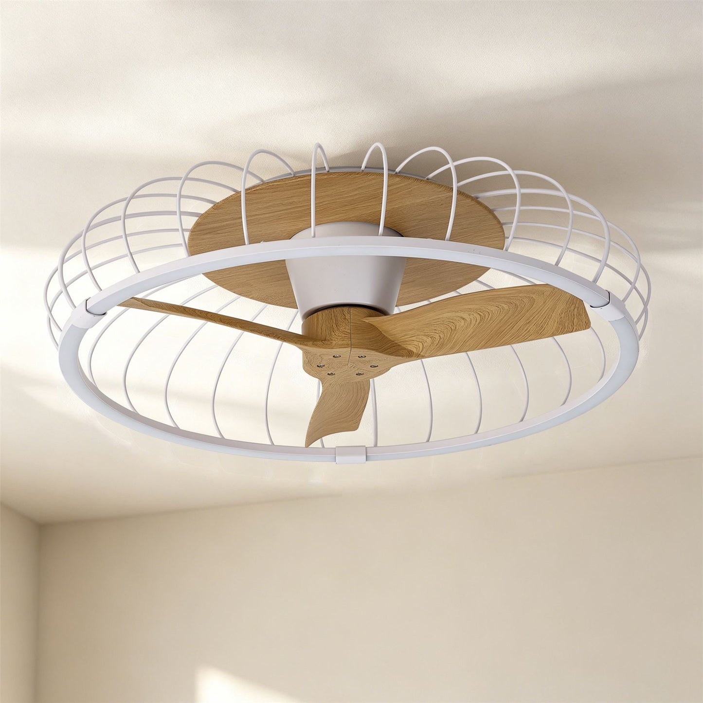 Nature 79cm 75W LED Dimmable Ceiling Light With Built-In 30W DC Reversible Fan, White/Wood Finish c/w Remote & APP Control, 5000lm