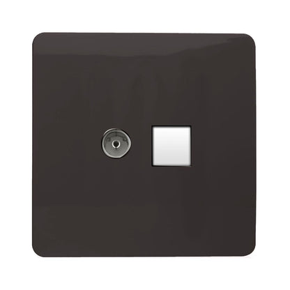 Trendi Artistic Modern Glossy Tactile TV Co-axial Socket + Telephone Socket Dark Brown