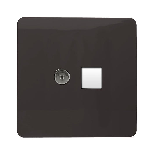 Trendi Artistic Modern Glossy Tactile TV Co-axial Socket + Telephone Socket Dark Brown