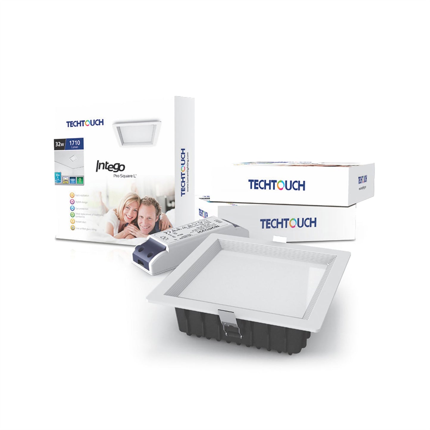 Techtouch Intego Pro Square Large 32W Warm White 1710lm, Cut Out: 190x190mm, 3yrs Warranty Recessed