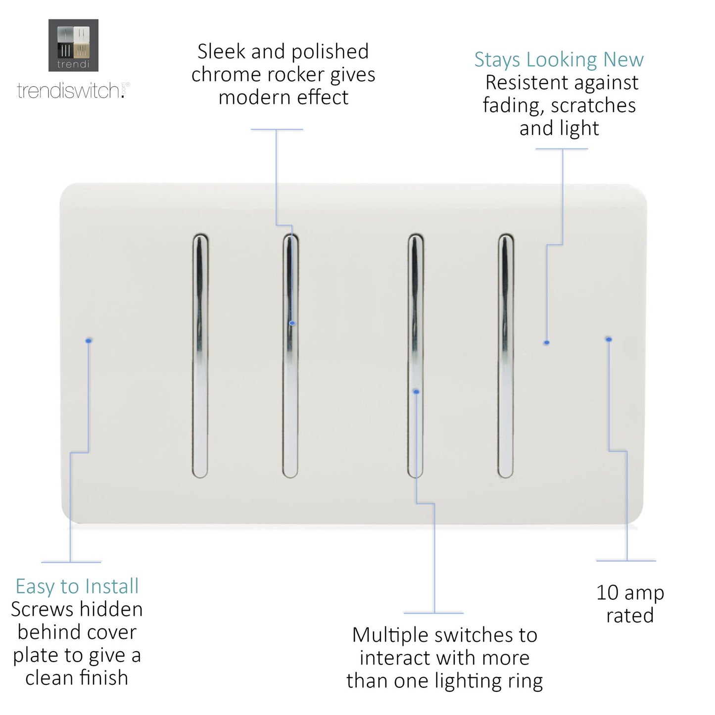 Trendi 4 Gang (2x 2 Way & 2x Intermediate) 10 Amp Rocker Light Switch Matt White - ART-SS2299MWH
