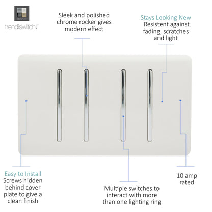 Trendi 4 Gang (2x 2 Way & 2x Intermediate) 10 Amp Rocker Light Switch Matt White - ART-SS2299MWH