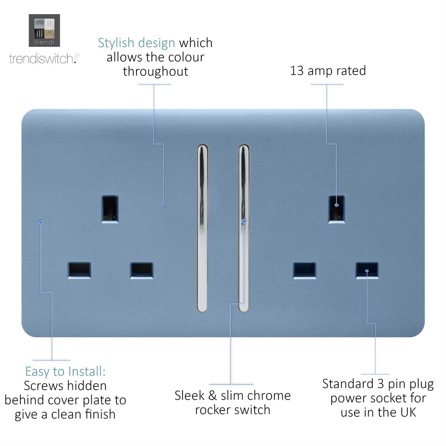 Trendi 2 Gang Raised Artistic Modern Glossy Screwless 13 Amp Single Pole with Chrome Switched UK Standard Electrical Double Wall Plug Socket in Sky Blue - ART-SKT213LSK