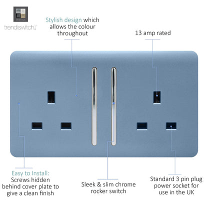 Trendi 2 Gang Raised Artistic Modern Glossy Screwless 13 Amp Single Pole with Chrome Switched UK Standard Electrical Double Wall Plug Socket in Sky Blue - ART-SKT213LSK