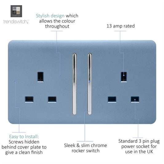 Trendi 2 Gang Raised Artistic Modern Glossy Screwless 13 Amp Single Pole with Chrome Switched UK Standard Electrical Double Wall Plug Socket in Sky Blue - ART-SKT213LSK