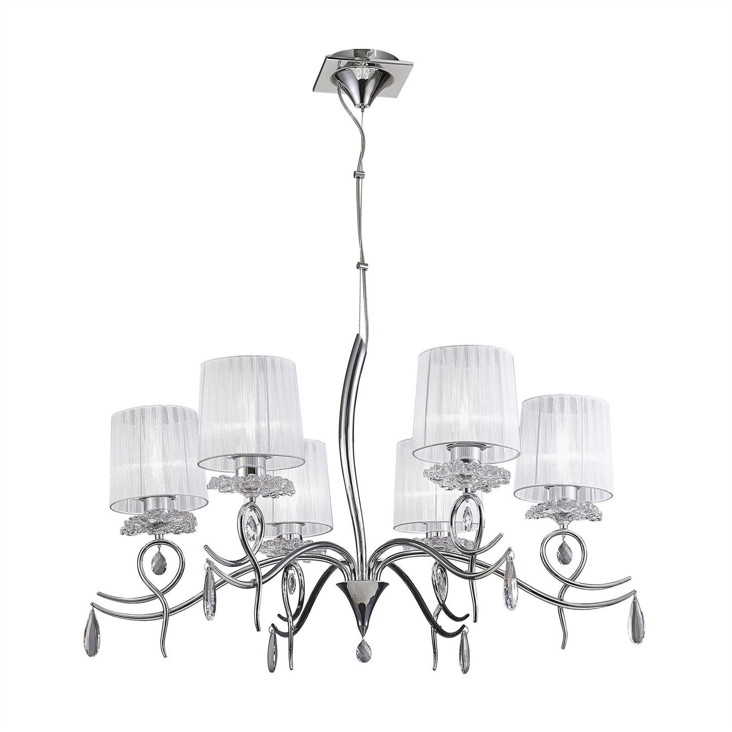 Mantra Louise Pendant 6 Light E27 with White Shades Polished Chrome/Clear Crystal