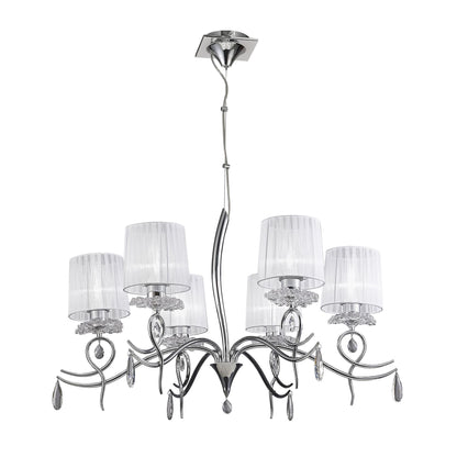 Mantra Louise Pendant 6 Light E27 with White Shades Polished Chrome/Clear Crystal