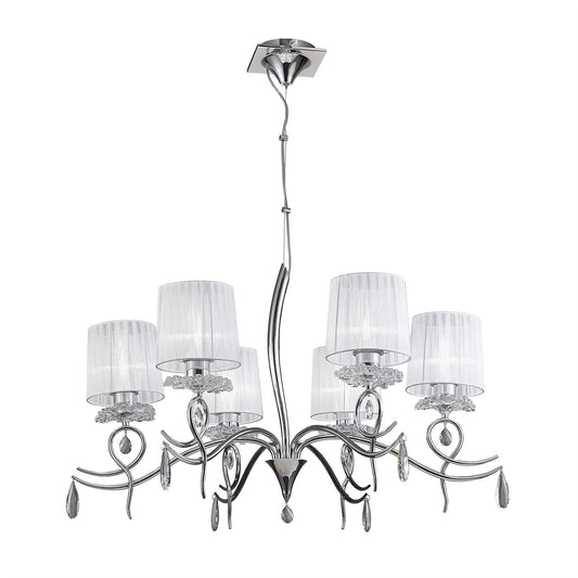 Mantra Louise Pendant 6 Light E27 with White Shades Polished Chrome/Clear Crystal
