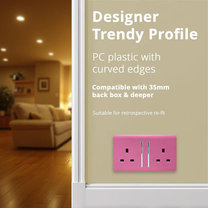Trendi 2 Gang Raised Artistic Modern Glossy Screwless 13 Amp Single Pole with Chrome Switched UK Standard Electrical Double Wall Plug Socket in Candy Pink - ART-SKT213LPK