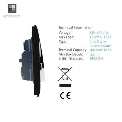 Trendi 2 Gang Artistic Modern Glossy 13 Amp Switched Tactile Plug Socket Piano Black (3 Pack)