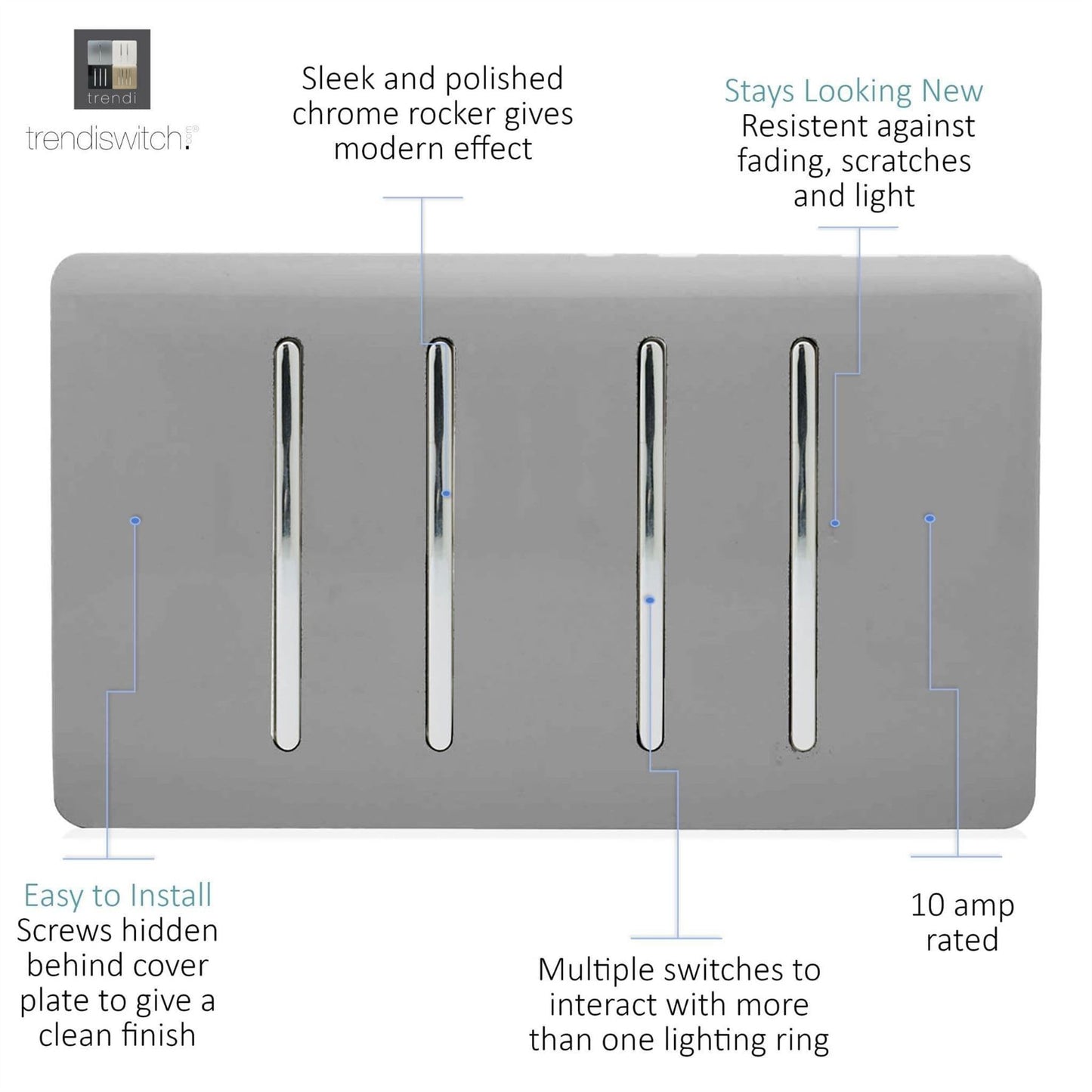 Trendi 4 Gang (2 Way & 3xIntermediate) Glossy 10 Amp Rocker Light Switch Light Grey