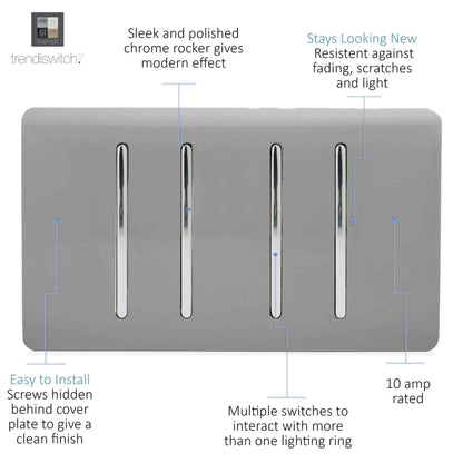 Trendi 4 Gang (2 Way & 3xIntermediate) Glossy 10 Amp Rocker Light Switch Light Grey