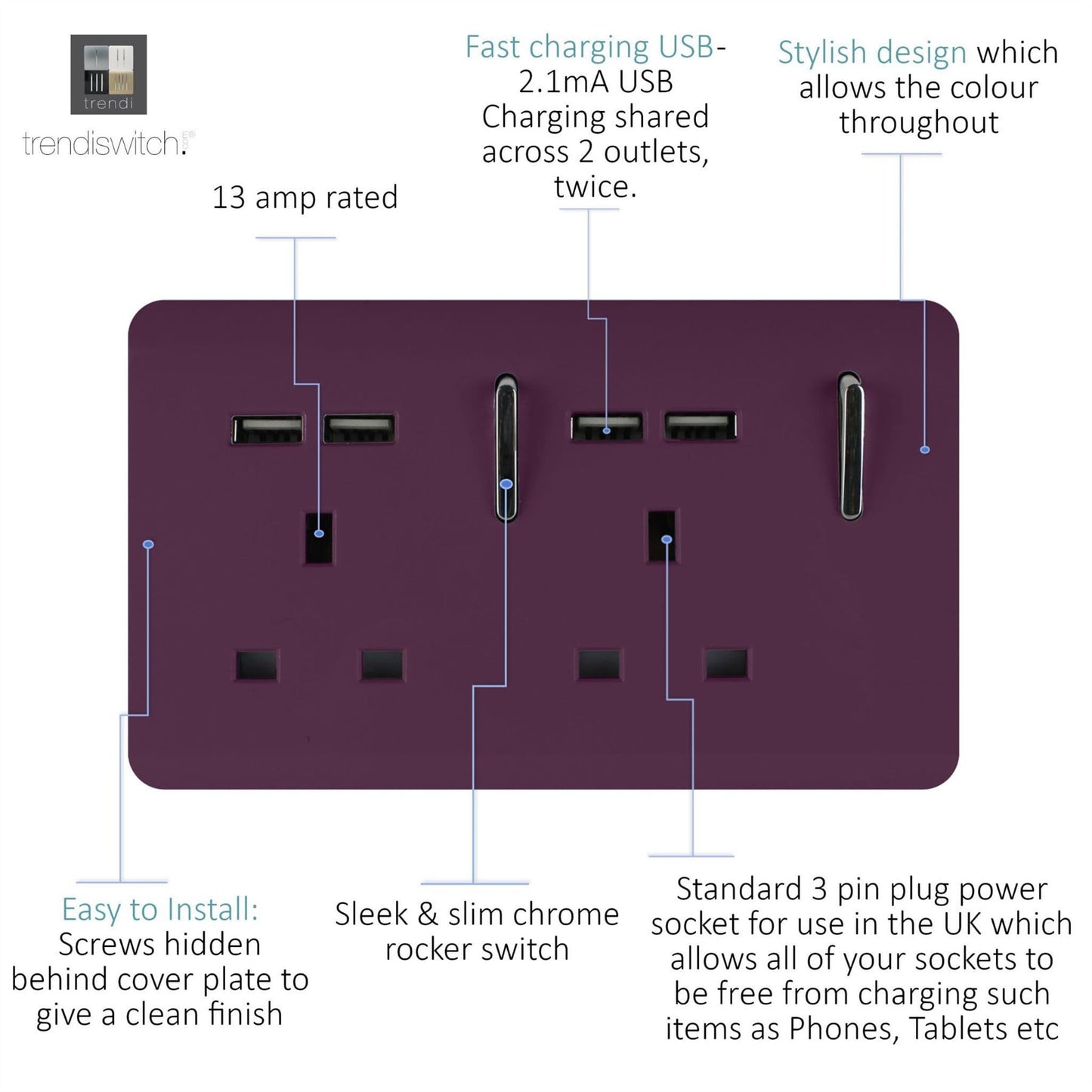 Trendi 2 Gang Artistic Modern Glossy 13 Amp 4x2.1mA USB Switched Tactile Plug Socket Plum