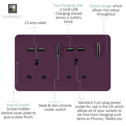 Trendi 2 Gang Artistic Modern Glossy 13 Amp 4x2.1mA USB Switched Tactile Plug Socket Plum