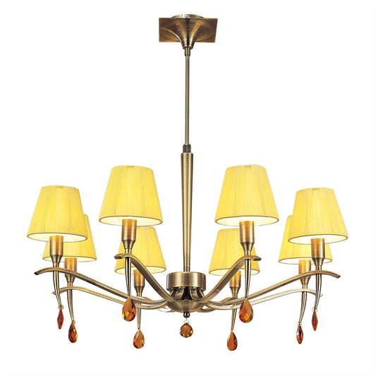 Mantra Siena 75cm Pendant Round 8 Light E14, Antique Brass with Amber Cream Shades and Amber Crystal