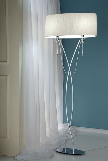 Mantra Lucca Floor Lamp 2 Light E27, Polished Chrome with White Shade & Clear Crystal